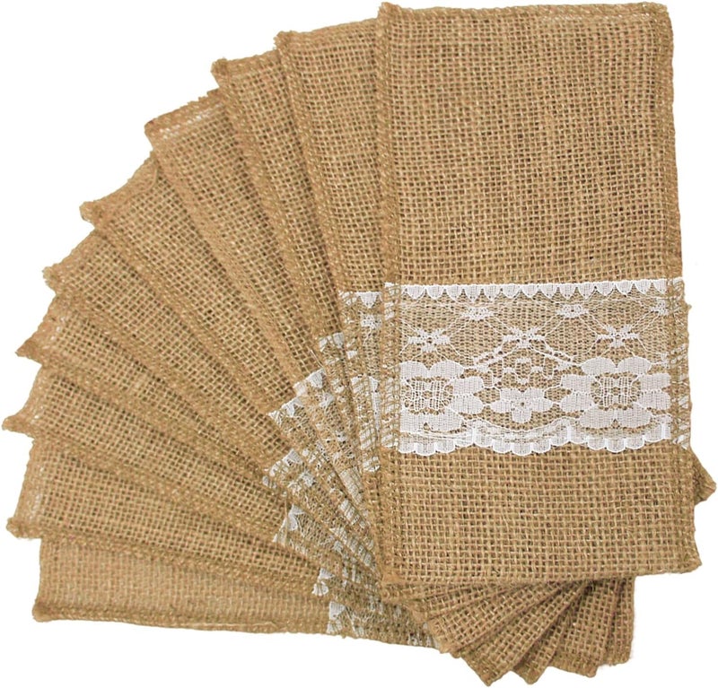 OZXCHIXU TM 100 Pack Natural Burlap Cutlery Holder Pouch Bag 4x8.5 Inch with Lace Silverware Napkin Holders Wedding Party Bridal Shower Table Setting Table Decoration - Image 2